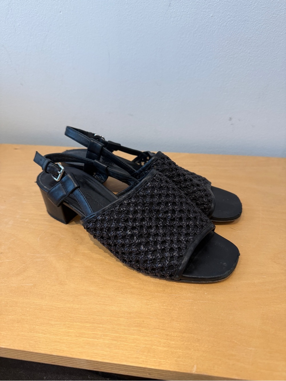 Creatures of Comfort Raffia Black Block Heel Sandals with Buckle Strap
